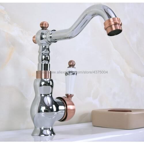Deck Mounted Single Handle Bathroom Sink Mixer Faucet Polished Chrome And Red Copper Hot and Cold Water Mixer Tap Nnf912