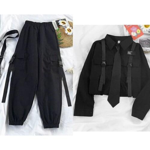 Spring autumn womens Harajuku cargo pants handsome cool two-piece suit chain long sleeve + stripe trousers