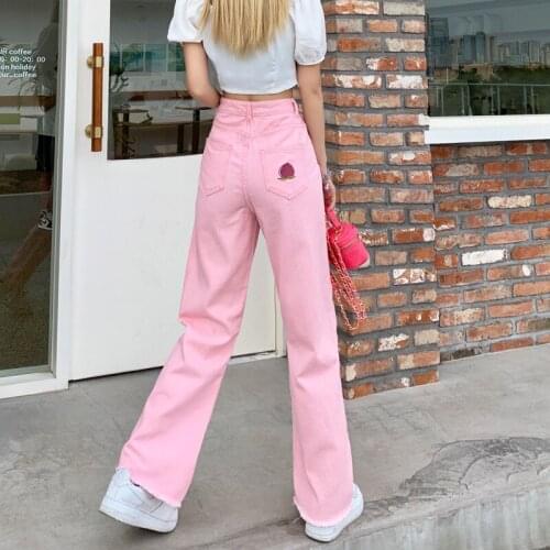 Cute Pink Jeans Women Summer Trousers Female College Style Peach Embroidery Loose High Waist Wide Leg Pants Straight Cotton