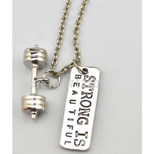 Dumbbell barbell Kettle bell with Strong is Beautiful Fitness weightlifting Gym chain necklace (A1219)
