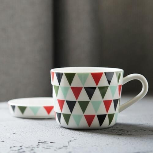 Geometric Design Triangles Ceramic Mug with Saucer Porcelain Cup for Water Coffee Tea and Milk(220ml Cup+Saucer)