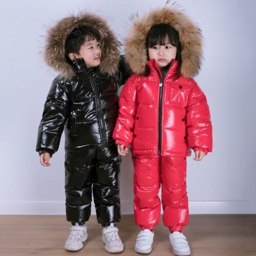 2020 Duck Dowm Jacket Overalls Girls Clothes Suits Fur Hooded Warm Boys Snow Sets Outdoor Children Sportwear Toddler Outfits