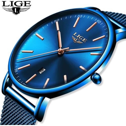 LIGE Mens Watches Top Brand Luxury Waterproof Ultra Thin Clock Blue Mesh Belt Fashon Casual Quartz Watch Men Sport Wrist Watch