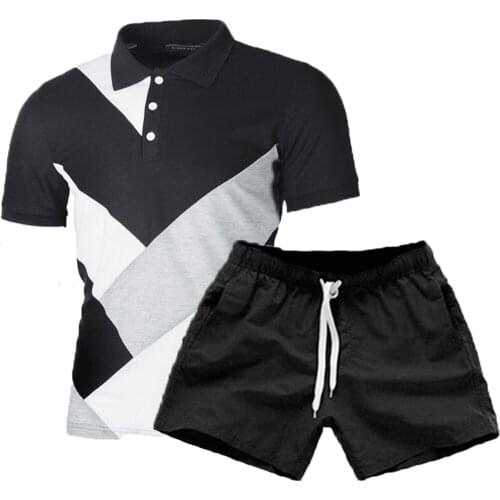 New Polo shirt T Shirt+Shorts Male Beach suit Mens Lapel Sets Gradient 3D Printing Short Sleeve suit Men Two-piece suit Casual