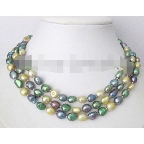 K8044-47" 8-9mm natural black green champagne baroque freshwater pearl necklace
