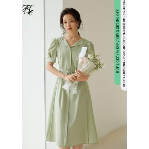FANSILANEN Office Ladies French Light Green High Waist Dress Women Summer 2021 New Puff Sleeve Short Sleeve Slim A-line Skirt