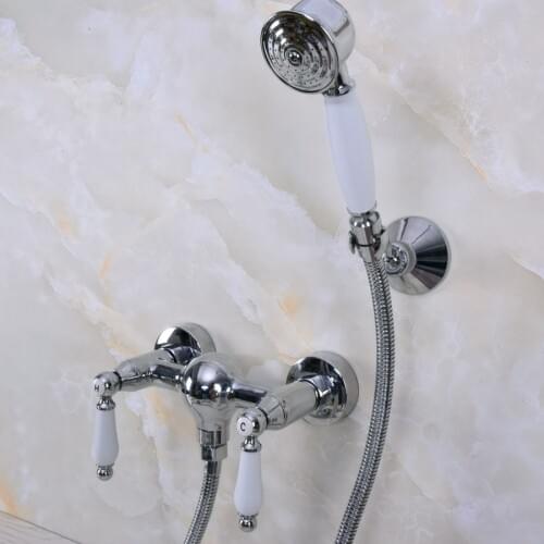 Modern Wall Mount Polished Chrome Brass Bathroom Hand Shower Faucet Mixer Tap Set Telephone Shape Hand Spray Shower Head ana282