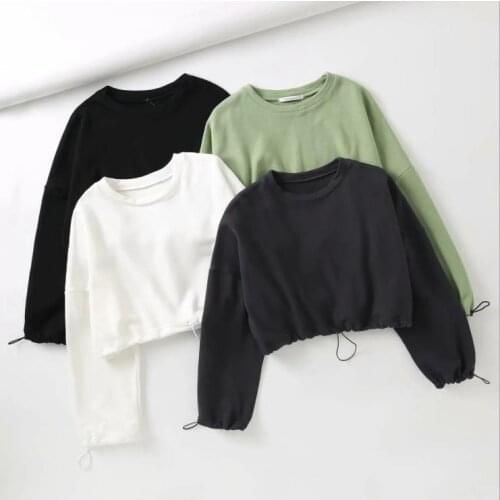 Simple Short Hoodie Women Crop Top Solid Color Long Sleeve O-neck Sweatshirt with Drawstring Ladies Loose Casual Pullover