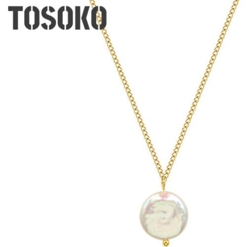 TOSOKO Stainless Steel Jewelry Fresh Water Pearl Baroque Necklace Simple Fashion Clavicle Chain BSP1013