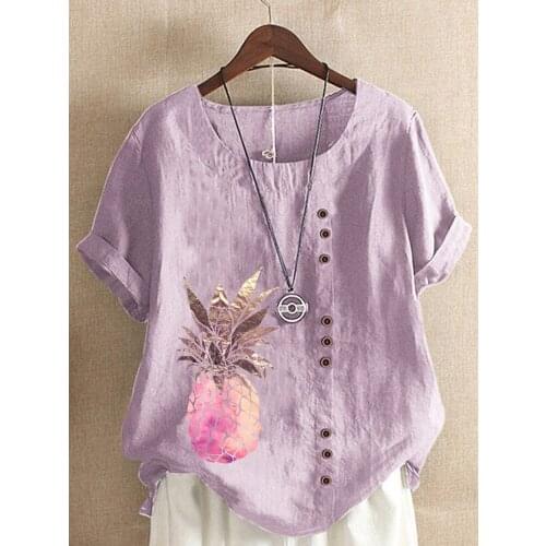 New Fashion Women Summer Pineapple Printed Loose Round Neck Short Sleeve Casual Graphic Shirts & Tops Blouse Plus Si