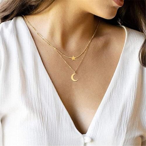 Star Moon Multilayer Pendant Necklace Women Stainless Steel Round Bead Chains Clavicle Chain Choker Elegant Fashion Jewelry Gift