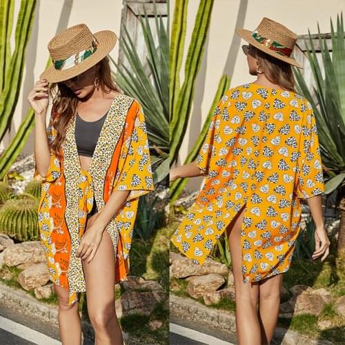 Women Summer Bikini Loose Outer Blouse Orange/Purple Leopard Floral Print Lace Half Sleeve Sun Protection Cardigan Blouse