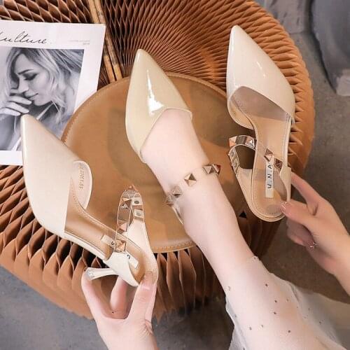 High-heeled sandals female 2021 summer new style Baotou rivet outer wear fashion casual Korean slippers heels