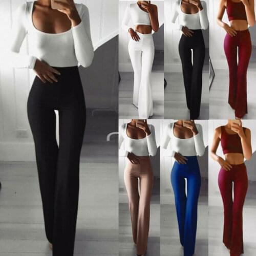 Womens Solid High Waist Flare Wide Leg Lady Trousers Bell Bottom Yoga Pants 2021