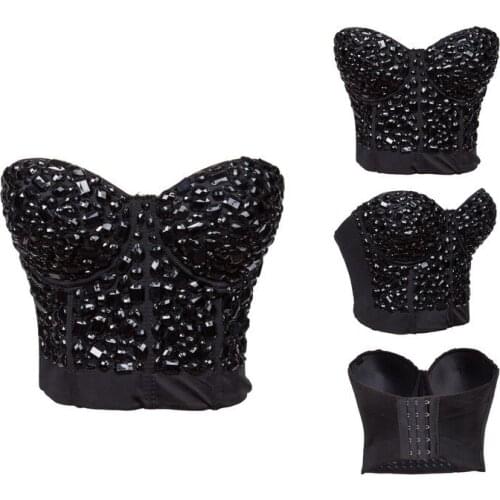 Plus Size S-XXL Crystal Beads Bra Top Women Push Up Strapless Bustier Underwear Punk Brassiere Lingerie For Disco Dance Clubwear