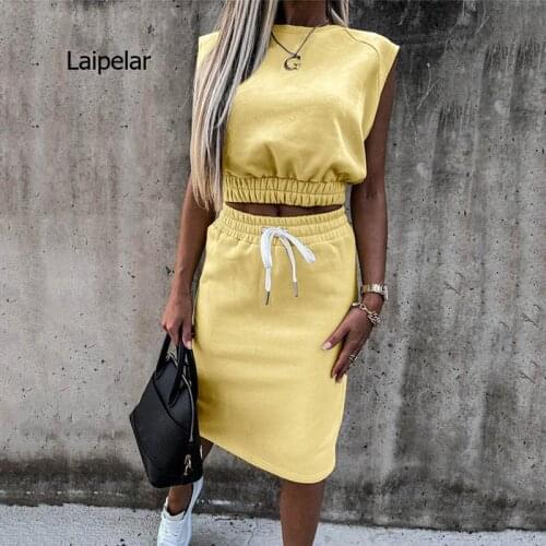 Ladies Skirts Suit Sleeveless Sweatshirt Solid Women Skirt Suits Slim Crop Tops+Split Drawstring Bottom Summer Fashion Casual
