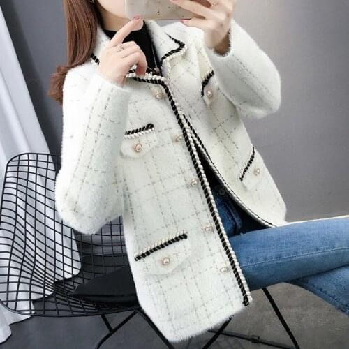 White Mink Cashmere Sweater Coat Women Autumn Winter Korean Style Chic Retro Black Loose Lapal Knitted Cardigan Fashion X543