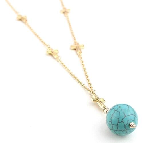 Retro Ball Green Stone Pendant Big Necklace Women Cross Long Multi Layer Gold Color Necklaces Women Female Bijoux Sne160094
