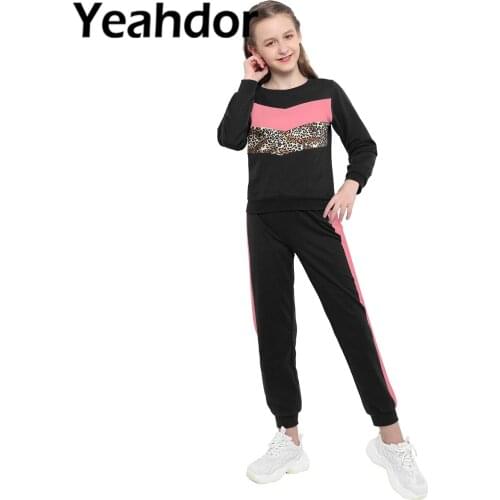 2Pcs Kids Girls Spring Fall Sport Suit Long Sleeves Leopard Print Patchwork Sweatshirt and Pants Set Children Tracksuit Outfit