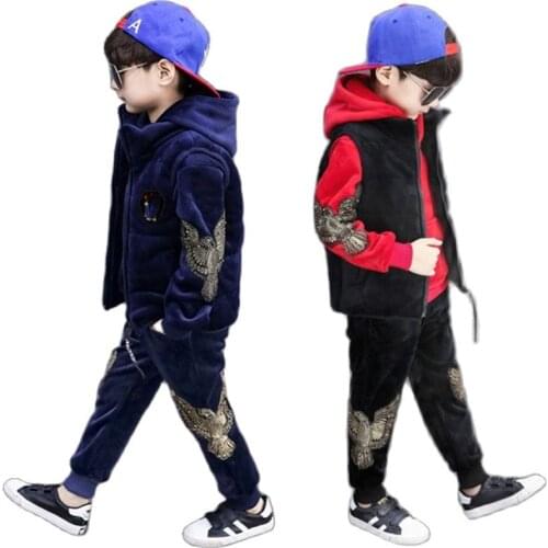 Boys Winter Fashion Trend Embroidery Sport 3pcs Suit Children Warm Casual Outfit Kids Tracksuit Teens Sportswear 10 11 12 13 14y