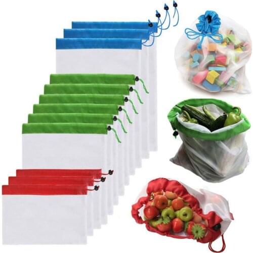5Pcs Reusable Produce Sacks Bags Grocery Fruit Vegetable Food Mesh Storage Pouch Set Drop Shipping