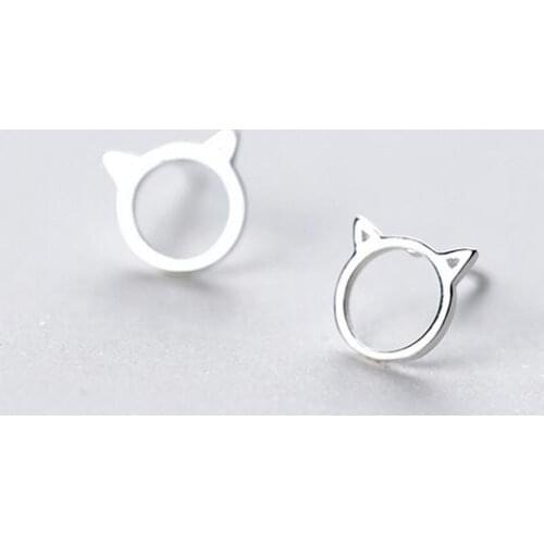 8MM wOMENs Gift Cute 100% Real. 925 Sterling Silver Open Hollow Kitten Cat Stud Earrings Cats Ear Animal Pet Jewelry GTLE1584