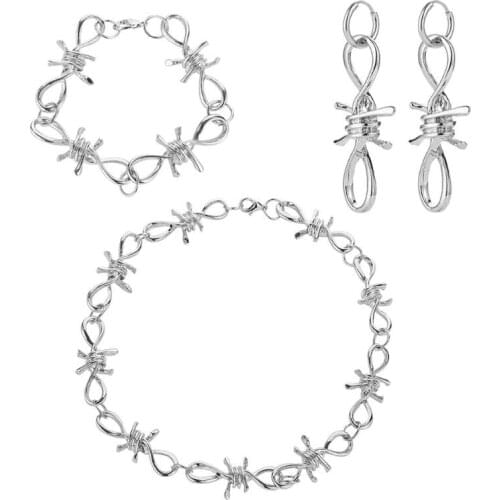 97QE 3Pcs Vintage Silver Punk Gothic Barbed Wire Brambles Chokers Necklace Bracelet Earrings Jewelry Set Men Women Jewerly