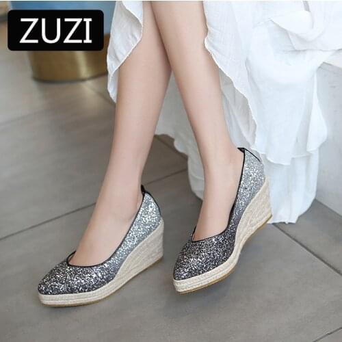 ZUZI High Heel Wedges Women Shoes Slope Shoes Shallow Mouth Banquet 2021 New Sequined Platform Elegant High Heels Female Wedge