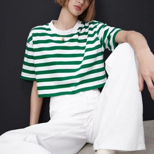 2021 Summer Vintage Stripe Cropped T Shirt WomenTops Tees O-neck Loose Female Casual harajuku Ladies T-Shirt Womens Clothes