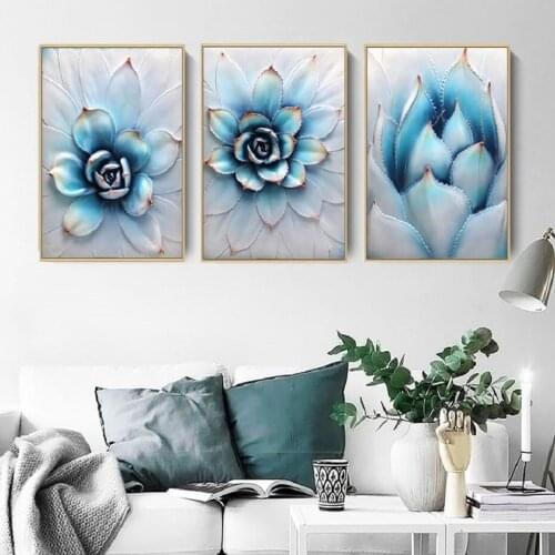 Blue and White Succulents Plants Wall Art Nordic Minimalist Flowers Canvas Paintings Pictures Prints and Posters Home Decor
