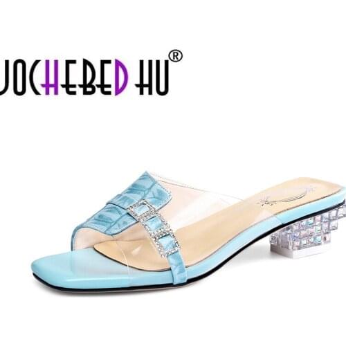 【JOCHEBED HU】 Concise Slippers Women Large Size Embossed Square Low Heels Design Slippers Handmade Diamond Heels Sandals Women 3