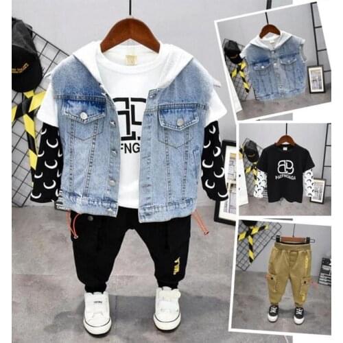 Hot Style Children Suits Spring Autumn Baby Boys Suits Tracksuit Clothing Set Kids Denim Vest+T Shirt+ Pants 3Pcs Sets 2-7years