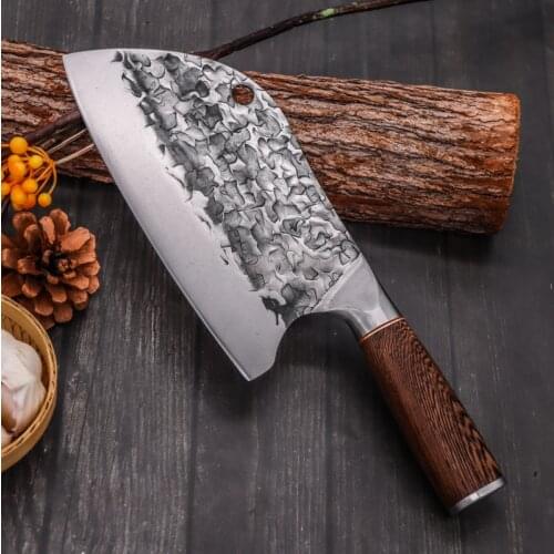 Forged Butcher Knife Traditional Hammer Stainless Steel Knife Chefs Chopper Cooking Handmade Kitchen Knives Wooden Meat Slicer