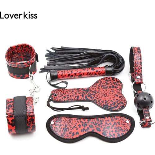 Loverkiss Red Leopard Faux Leather Harnesses Men Women Bdsm Set,Spanking Paddle Handcuffs Gag Bdsm Mask Restraints Bondage Set