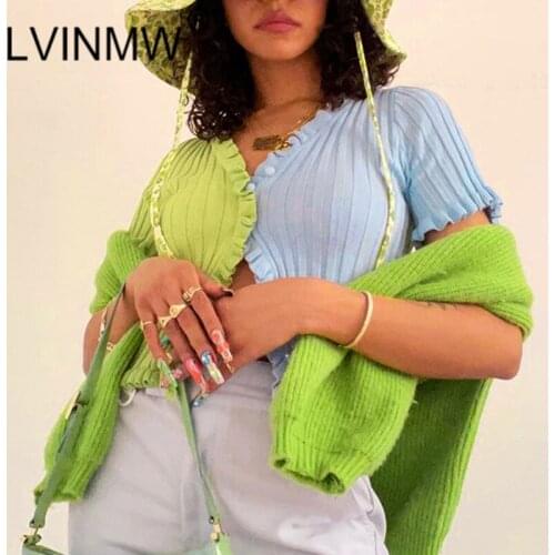 LVINMW Tees Panelled Ribbing Slim Fashion Girls T Shirt V Neck Short Sleeve Ruffles Casual Tops Single Breasted Navel Basic