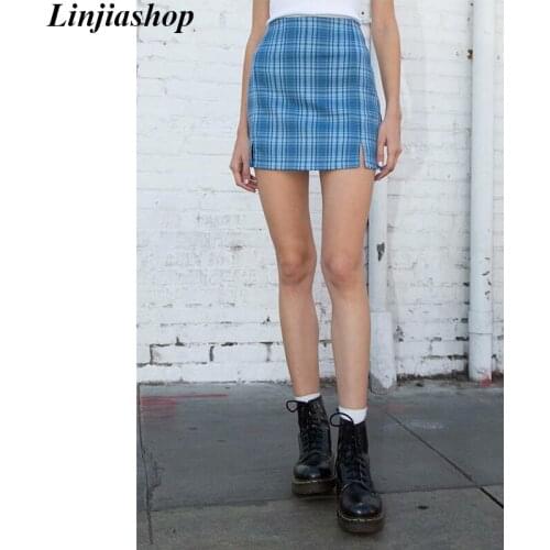 Fashion women blue slit bodycon elegant mini pencil skirt autumn england style high waist plaid red skirt femme faldas
