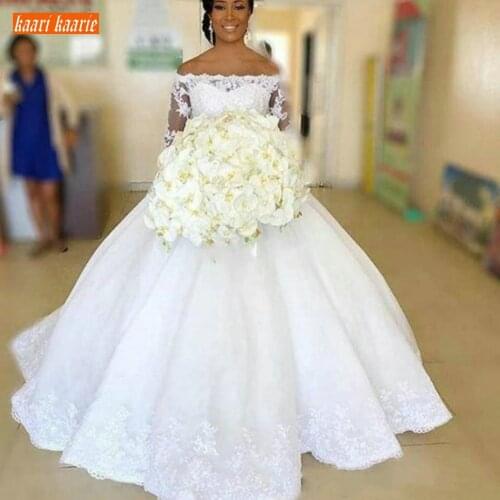 Fashion White Boat Neck Wedding Gowns Long Sleeve Applique Fluffy Off The Shoulder Wedding Dresses Princess Lace Up Bridal Dress