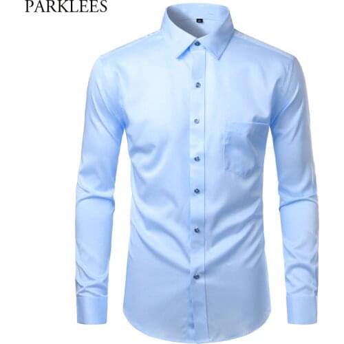 Sky Blue Mens Bamboo Fiber Dress Shirt 2020 Brand Slim Fit Casual Button Down Chemise Non Iron Easy Care Formal Shirt For Men