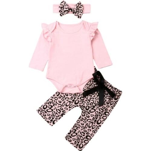 New 3Pcs Baby Girls Clothes Long Sleeve Tops+Leopard Bowknot Pants Outfit Set