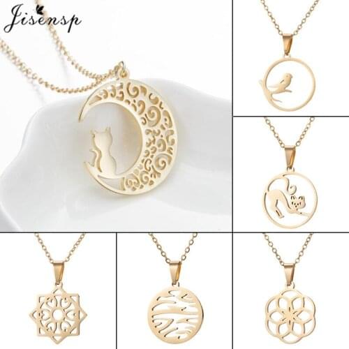 Jisensp Stainless Steel Necklace Moon Cat Birds Wave Pendant for Women Collares Jewelry Gold Mandala Necklaces Wholesale bijoux