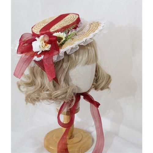 Pastoral French Lolita Lace Bandge Bow Straw Flat Hat Mori Girl Tea Party Cosplay Sunhat Beach Cap B1782