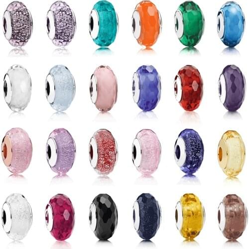 PDB 02 Silver 925Tropical Flower orange Murano glass Slide Multi-Color Cutting Genuine Murano Charm Glass Bead Diy Pan Bracelet