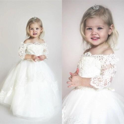 2020 Christening Dress Off The Shoulder Flower Girl Dresses For Wedding A Line Toddler Wear Sweep Train Kids Birthday Dress