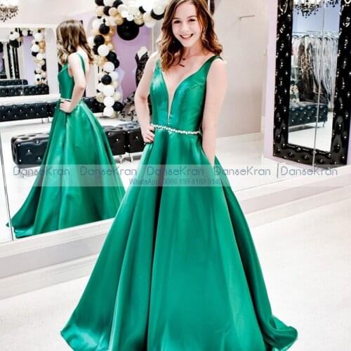 Illusion Deep V-neck Formal Evening Dresses with Pockets Bead Belt V-Back Floor Length A-line Green Satin Prom Dresses for Party
