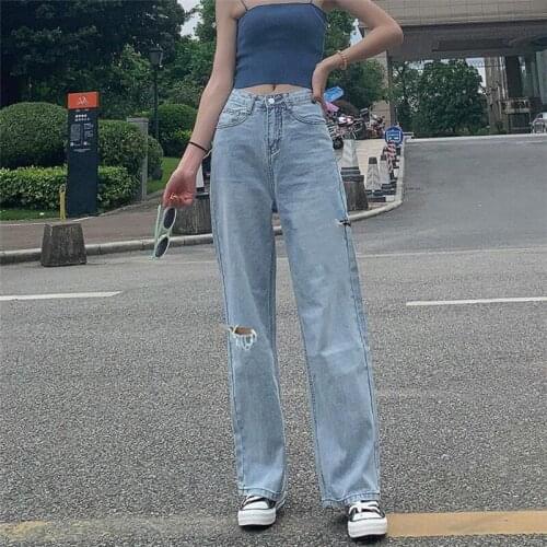 Casual Solid Ripped High Waist Straight Leg Jeans Women Streetwear Boyfriend Wide Leg Pants Loose Washed Denim Trousers Mujer