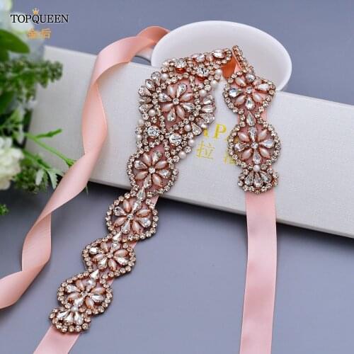 TOPQUEEN S161-RG Wedding Belt Rose Gold Party Belts for Women Rhinestone Ribbon Wedding Belt Pearl Prom Belt Dress Sash Belt