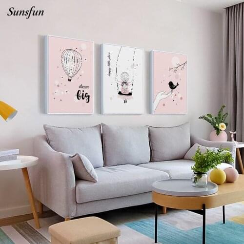Pink Girl Swing Hot Air Balloon Poster and Print Wall Art Canvas Painting Nordic Style Text Picture for Living Room Home Decor