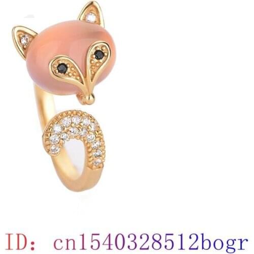 Pink Jade Fox Ring Jewelry 925 Silver Gemstone Natural Gifts Fashion Women Charm Amulet Crystal Zircon Chalcedony