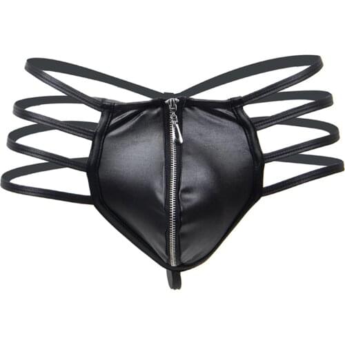 Mens PU Leather Thong Open-Crotch with Zipper Sexy Brief G String Lingerie Gift For Boyfriend