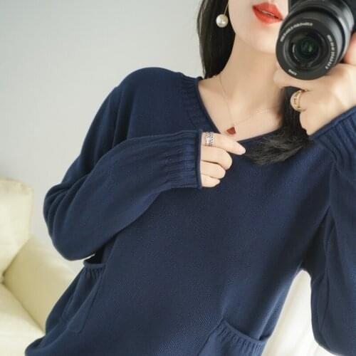 MERRILAMB 2021 New Spring Womens Sweater Pullover Kintted Cotton Tops With Pockets Solid Casual V-Neck Jumper Women Sweaters
